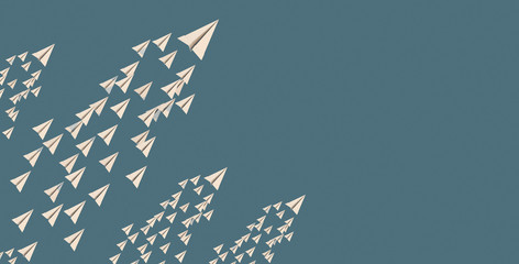 3D illustration of leadership success business concept rocket paper fly over color background lead rocket stand out of other paper rocket follower