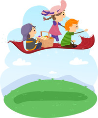 Stickman Kids Picnic Basket Flying Illustration