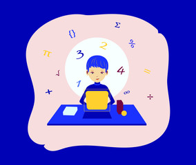 Young boy studying math, algebra, physics, on the desk with a laptop. Flat cartoon vector concept illustration on studying hard sciences and new learning techniques. Isolated on blue background