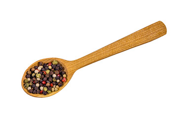 Wooden spoon with different spices isolated on a white background