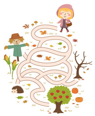 Kid Girl Autumn Collect Apple Maze Illustration