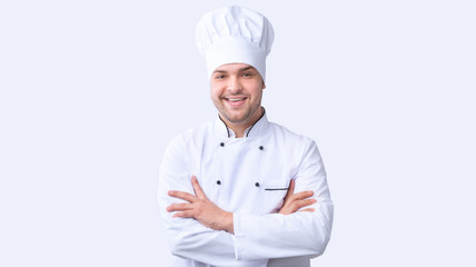 Smiling Chef Man Standing Crossing Hands In Studio, Panorama