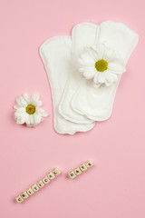 Woman pads  and chamomile  lying on  pink  background.    Concept critical days