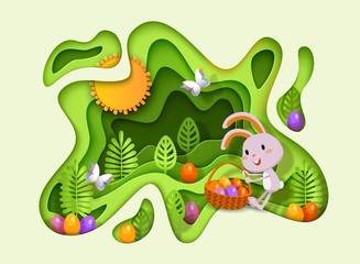 Happy Easter 3d papercut layered design with funny rabbit, Easter eggs, basket, stylized plants, wavy multilayered effect. Vector illustration for website, poster, promotion, ad, coupon, banner, flyer