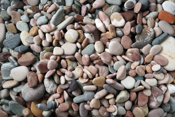Gravel pattern of colored stones with shell. Abstract nature pebbles background.Small sea stones on the beach, vacation at sea. Top view   