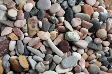 Gravel pattern of colored stones with shell. Abstract nature pebbles background.Small sea stones on the beach, vacation at sea. Top view   