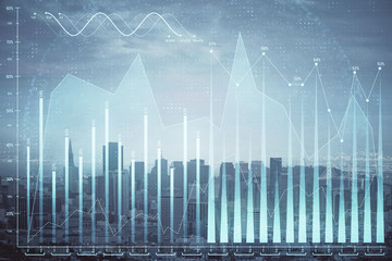 Forex graph on city view with skyscrapers background multi exposure. Financial analysis concept.