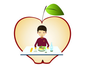 Young Boy eating vegetables, pasta and bread on the table, for lunch. with apple. Flat cartoon vector illustration on the concept of vegetarian eating  healthy nutrition. Isolated on white background