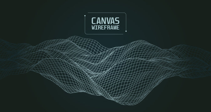 Abstract Canvas Wireframe Background. 3D grid technology illustration landscape. Digital Terrain, Cyberspace in the Mountains with valleys. Numerous communications. Data Array. Vector Illustration.