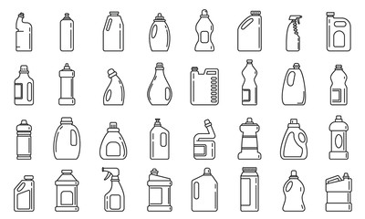 Bleach bottle icons set. Outline set of bleach bottle vector icons for web design isolated on white background - obrazy, fototapety, plakaty