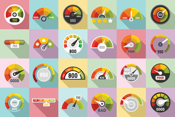 Credit score icons set. Flat set of credit score vector icons for web design