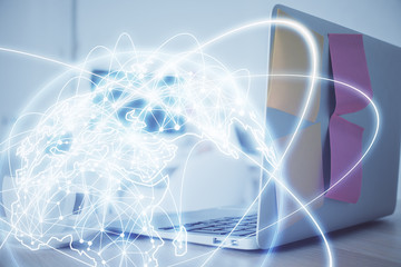 Multi exposure of business theme icons and work space with computer background. Concept of success.