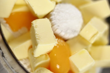 Making dough. Diced butter, eggs and flour in food processor. Making Chocolate, Pear and Pecan Pie Series.