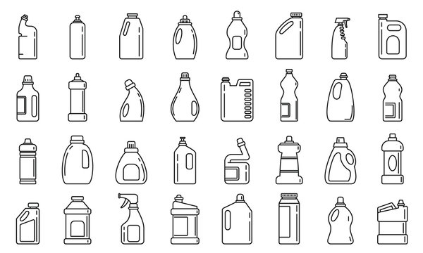 Bleach bottle icons set. Outline set of bleach bottle vector icons for web design isolated on white background