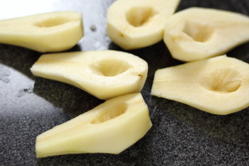 Pear halves without cores. Making Chocolate, Pear and Pecan Pie Series.