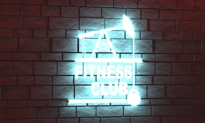 Fitness club emblem. Creative typography poster concept. Letters and oil pump jack icons. 3D rendering. Neon bulb street sign illumination