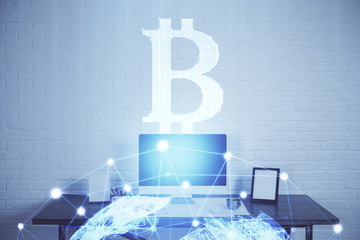 Double exposure of blockchain theme hologram and table with computer background. Concept of bitcoin...