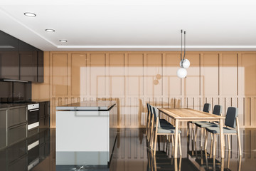 Black beige kitchen, counters and table, side view