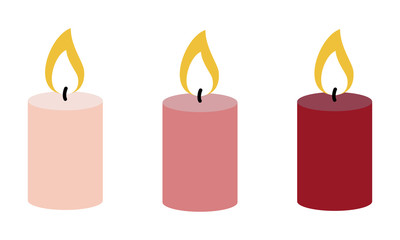 Set of burning candles in different colors. Vector illustration.