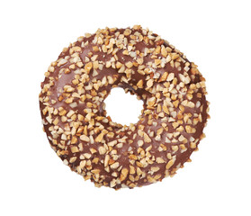 Chocolate donut with nut sprinkles. doughnut isolated on white. Clipping path