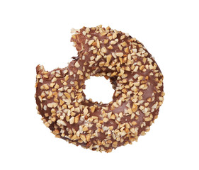chocolate glazed bitten round donut with nut sprinkles isolated