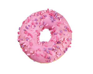 pink glazed round donut with sprinkles isolated on white