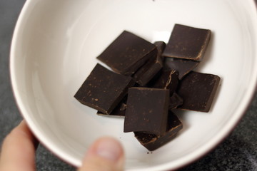 Chocolate pieces in bowl. Making Chocolate, Pear and Pecan Pie Series.