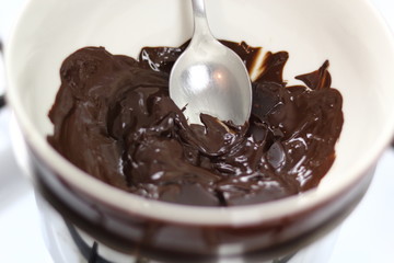 Melting chocolate over pan of simmering water. Making Chocolate, Pear and Pecan Pie Series.