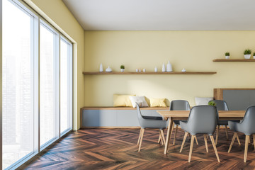 Yellow panoramic dining room interior with cabinet