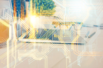 Multi exposure of table with computer and world map hologram. International data network concept.