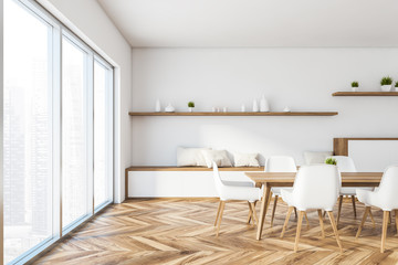 White panoramic dining room interior with cabinet