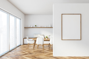 White panoramic dining room interior with poster