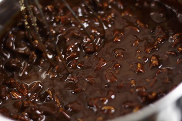 Add pecan nuts into chocolate mixture and mixing. Making Chocolate, Pear and Pecan Pie Series.