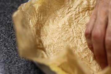 Line pastry case with parchment for adding baking peas. Making Chocolate, Pear and Pecan Pie Series.