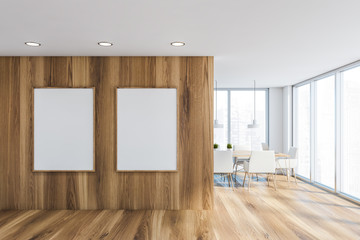White and wooden panoramic boardroom with posters