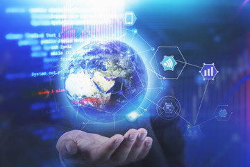 Man hand holding Earth with network interface