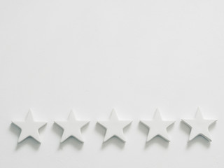 Quality rating. Approval acceptance honor. Five stars row on white background.
