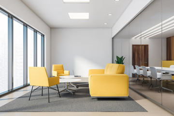 Yellow and wood office lounge with yellow sofas - obrazy, fototapety, plakaty