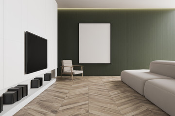 Green living room with sofa, TV and poster