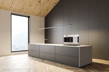 Gray attic kitchen interior with island