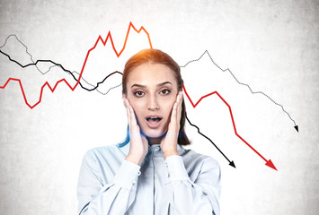 Shocked young businesswoman, falling graph