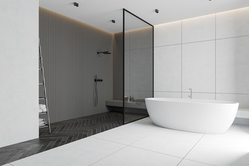 Gray and white bathroom corner, tub and shower