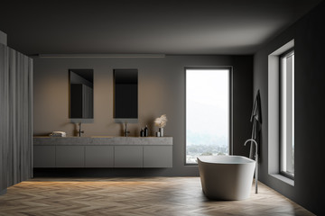 Obraz na płótnie Canvas Gray and wooden bathroom with cabinet