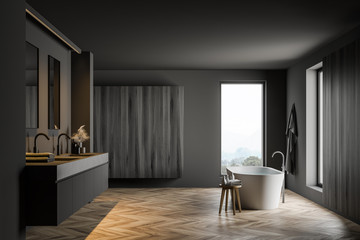 Gray and wooden bathroom interior with cabinet