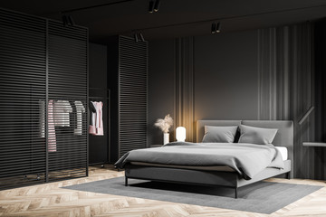 Gray master bedroom corner with wardrobe