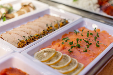 Restaurant breakfast menu with various cakes.