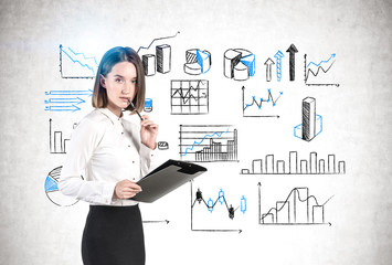Thoughtful woman with clipboard, infographics