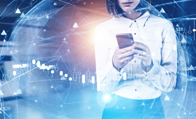 Woman with smartphone in office, network GUI