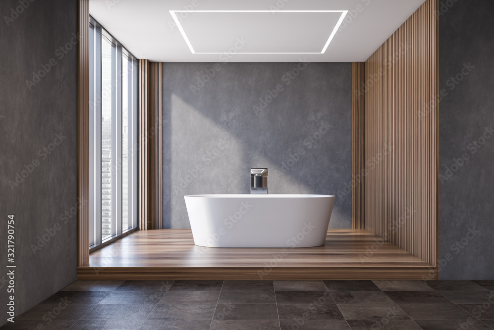 Wall mural gray and dark wooden bathroom with tub