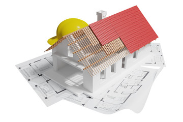 Isometric view of 3D Render house in construction build with blueprints and yellow worker safety helmet on isolated white background